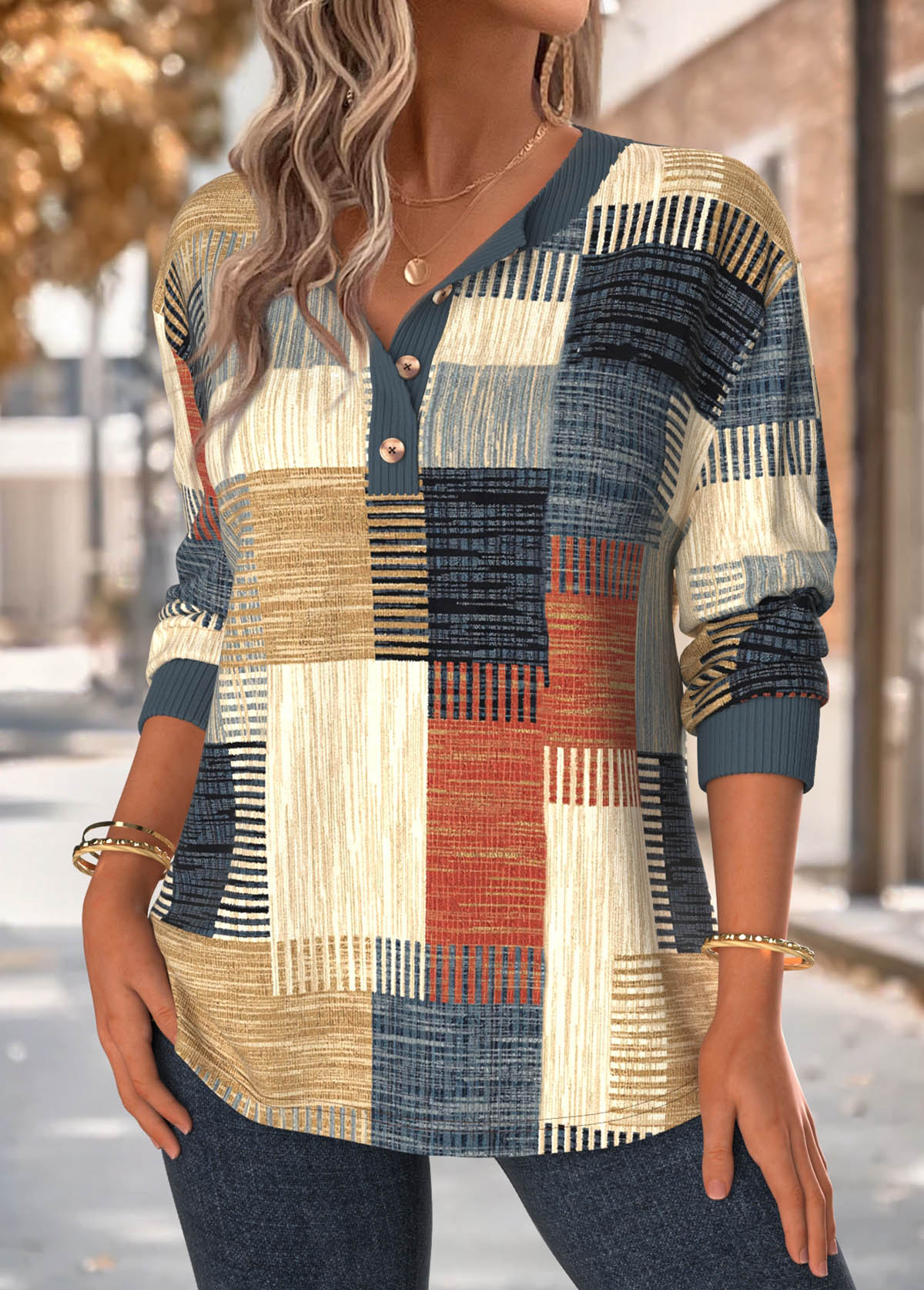 Multi Color Tummy Coverage Geometric Print Long Sleeve Sweatshirt | picture 