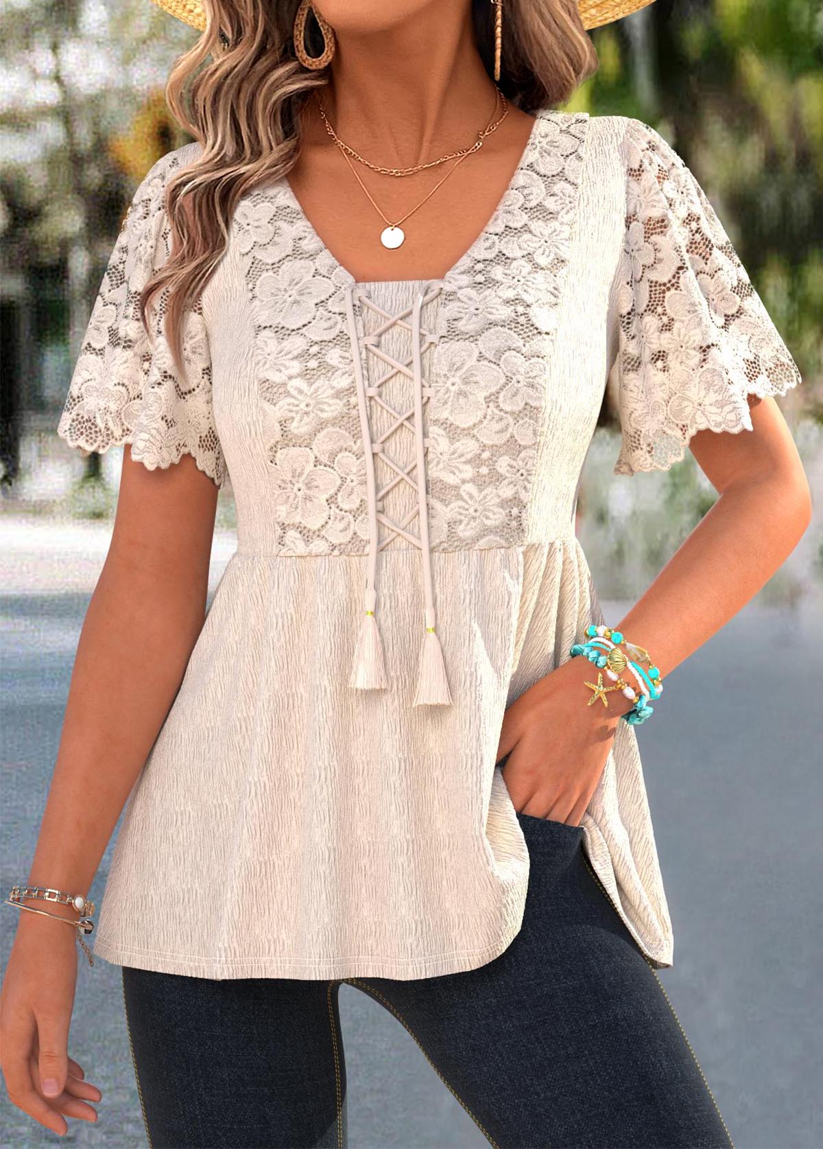 Beige Peplum Short Sleeve V Neck T Shirt | picture 