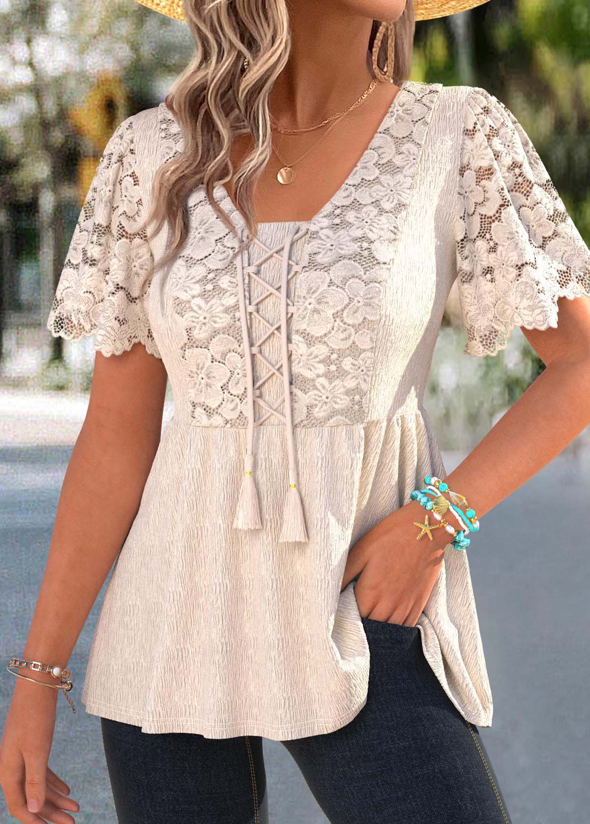 Beige Peplum Short Sleeve V Neck T Shirt | picture 