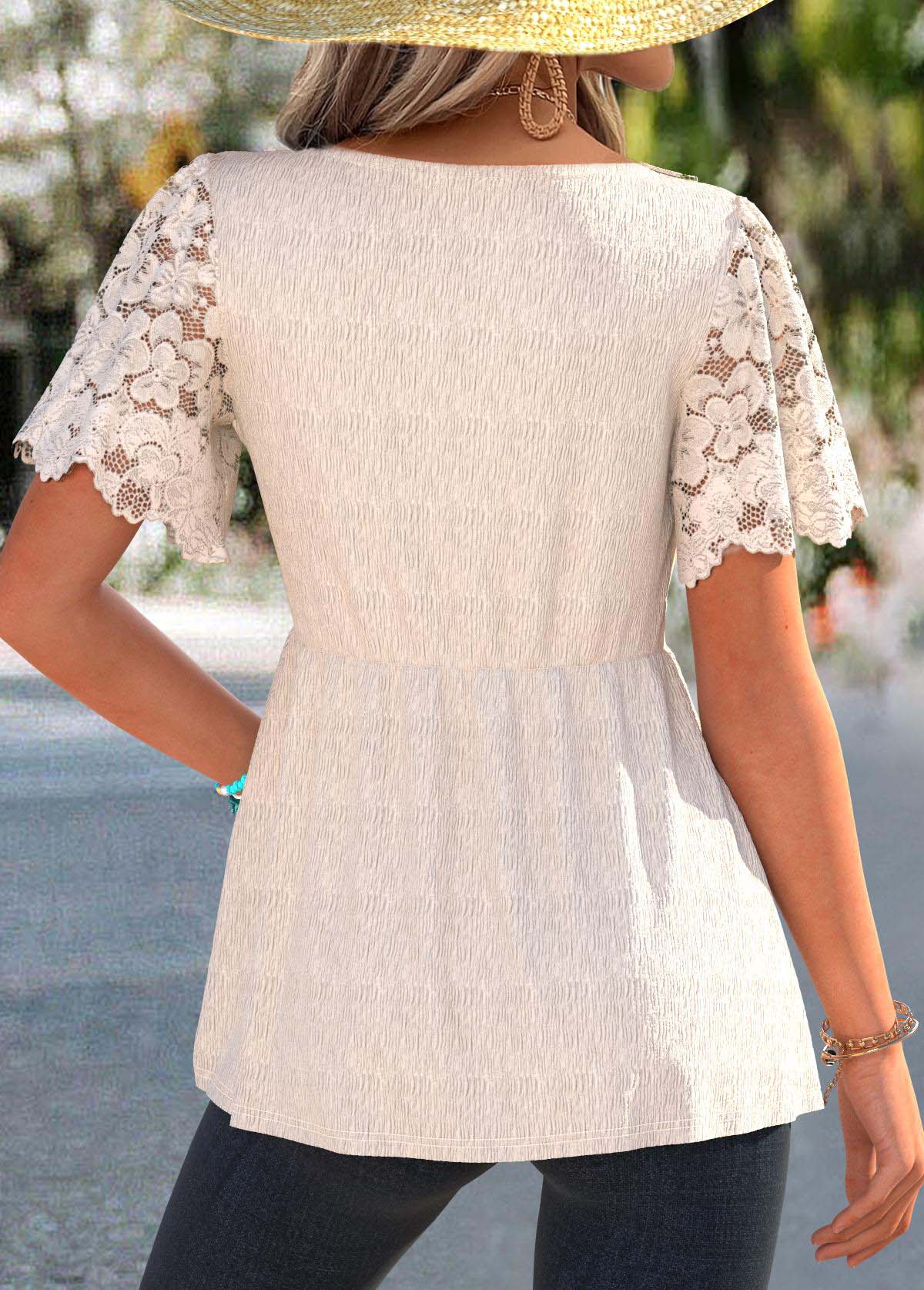 Beige Peplum Short Sleeve V Neck T Shirt | picture 