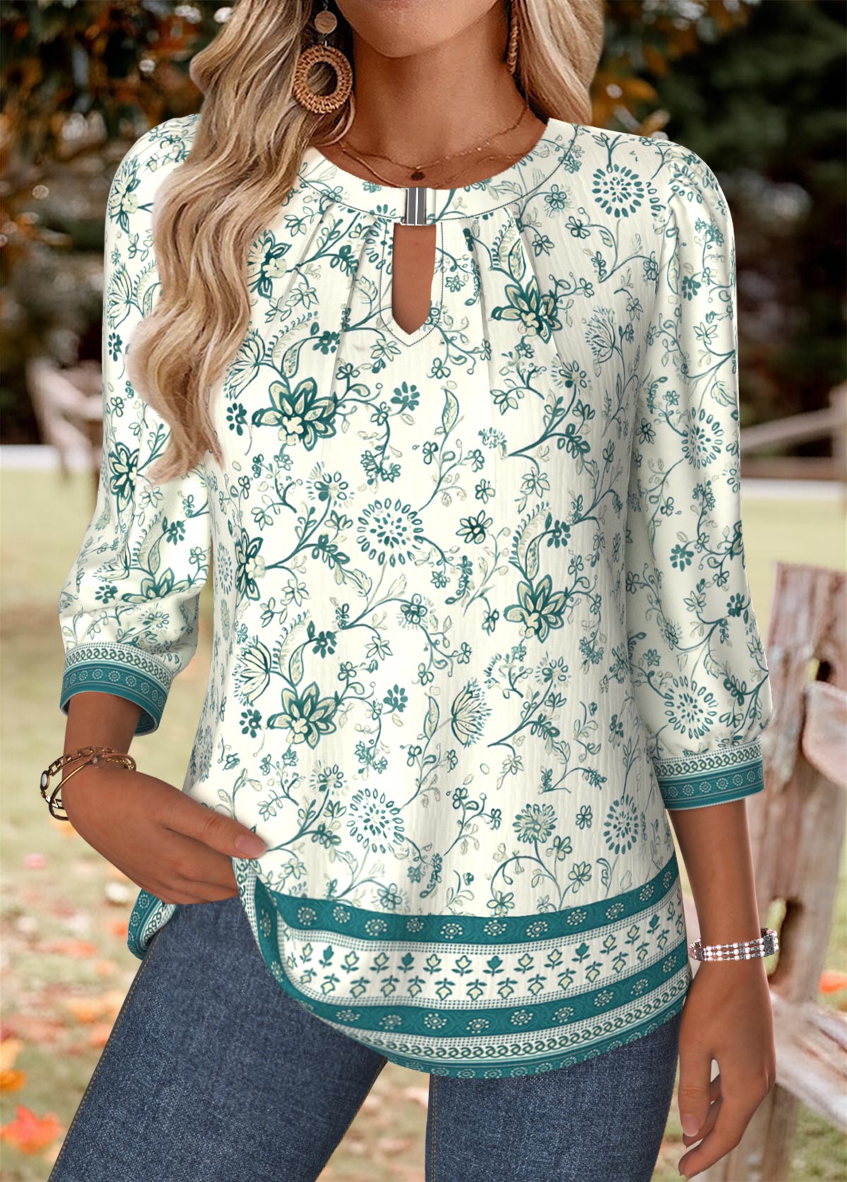 Turquoise Tummy Coverage Floral Print 3/4 Sleeve T Shirt | picture 