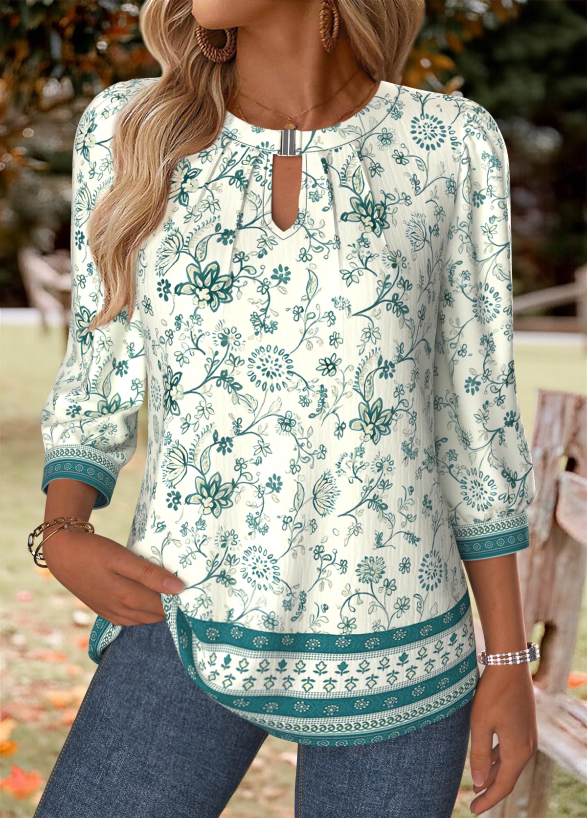Turquoise Tummy Coverage Floral Print 3/4 Sleeve T Shirt | picture 