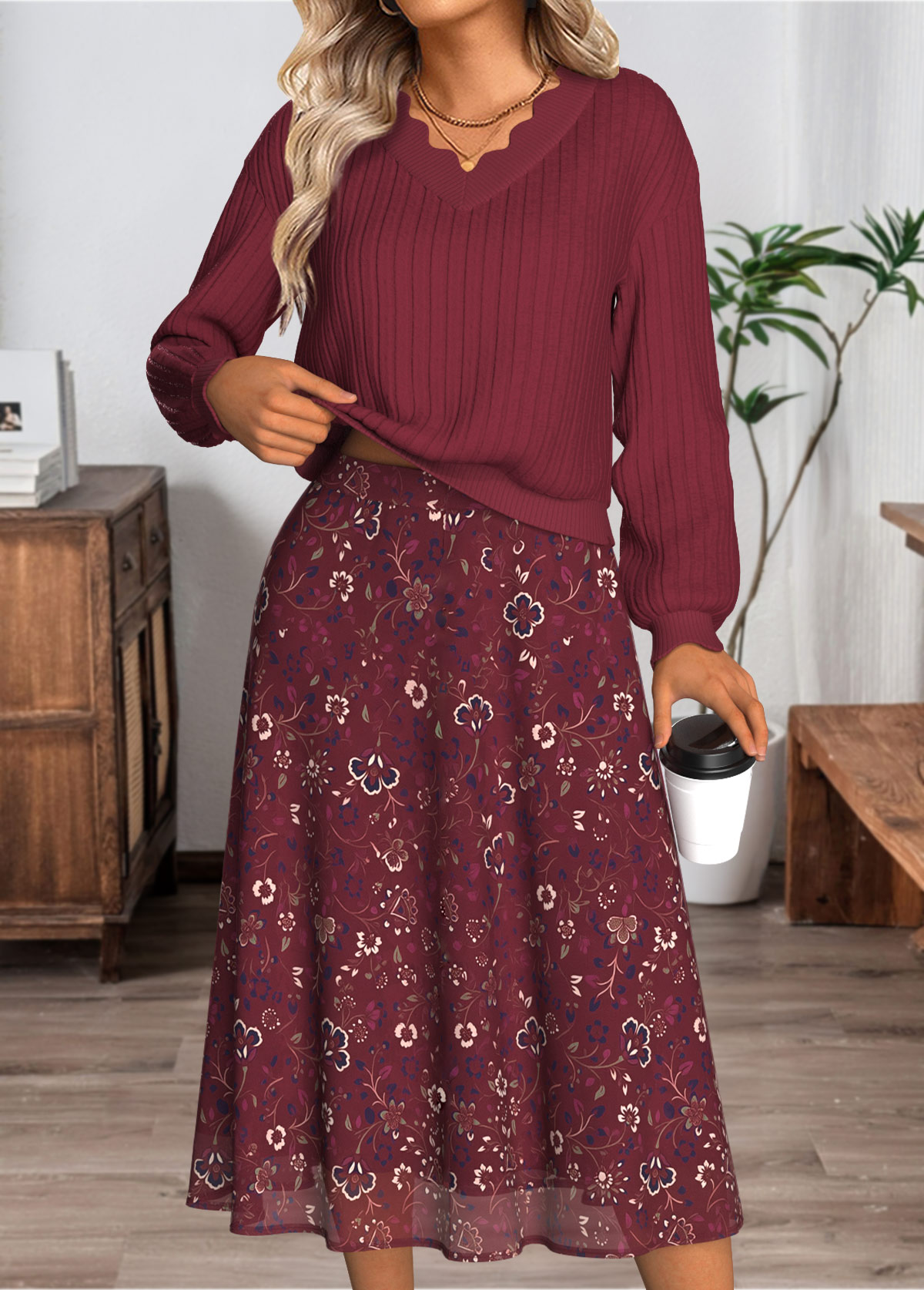 Modlily Wine Red Tummy Coverage Long Sleeve Top and Skirt - XXL