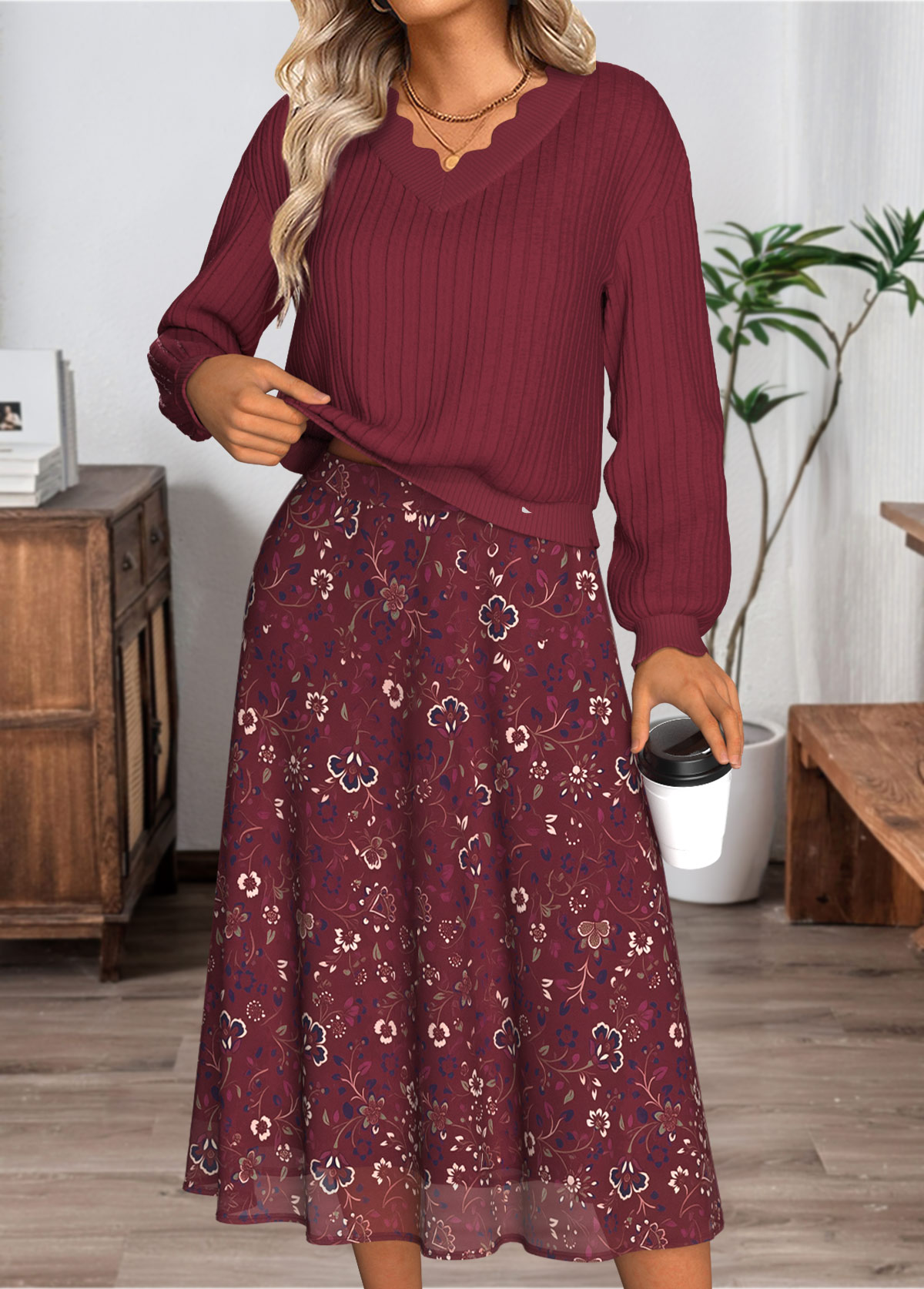 Wine Red Tummy Coverage Long Sleeve Top and Skirt | picture 