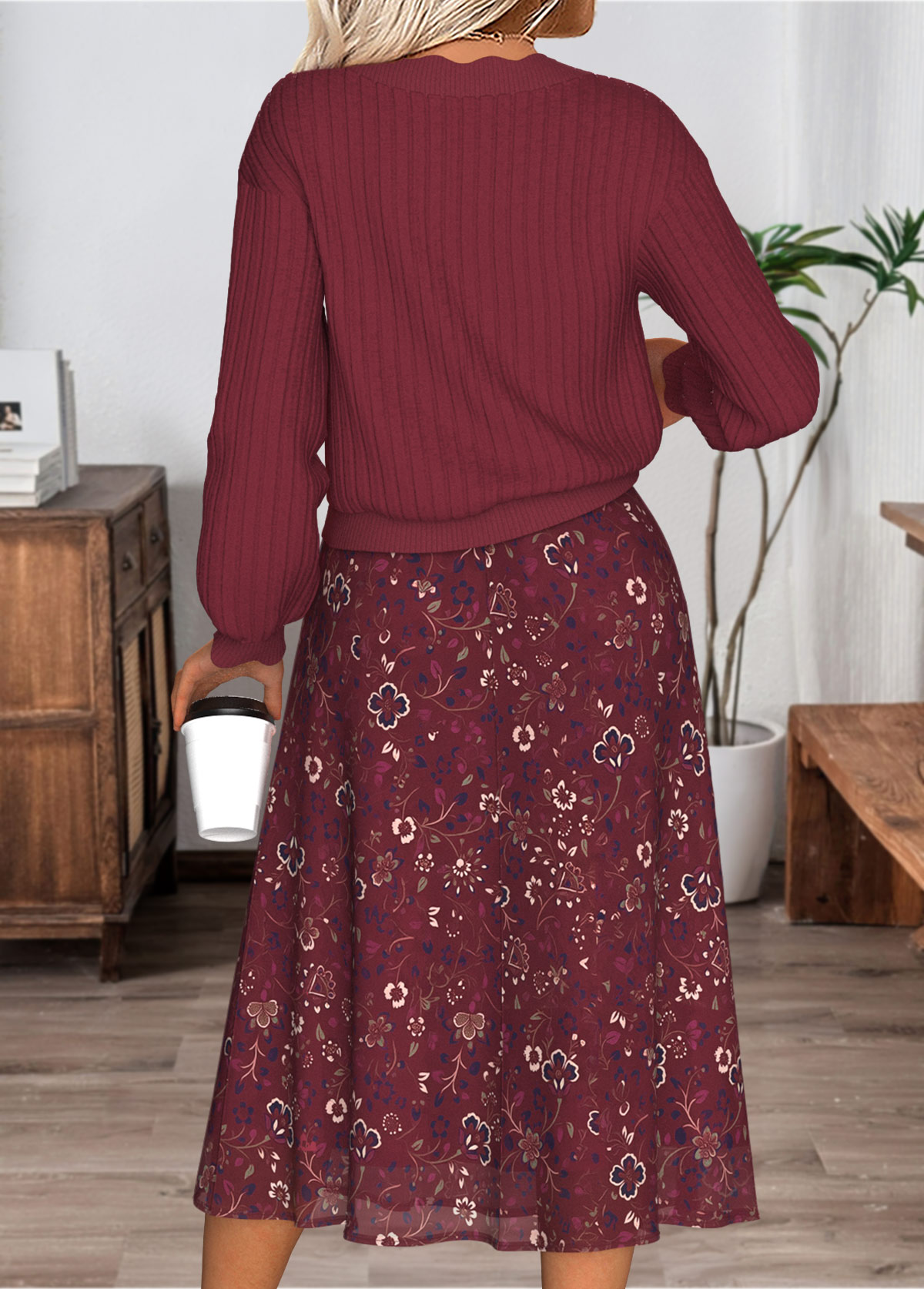 Wine Red Tummy Coverage Long Sleeve Top and Skirt | picture 