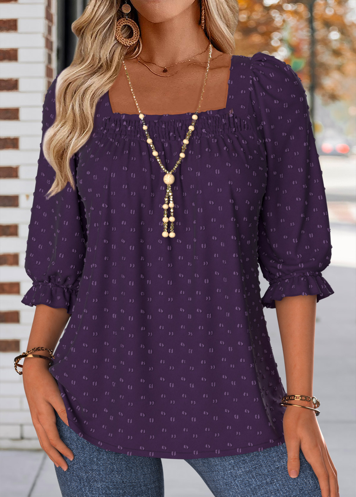 Purple Smocked Half Sleeve Square Neck Blouse | picture 
