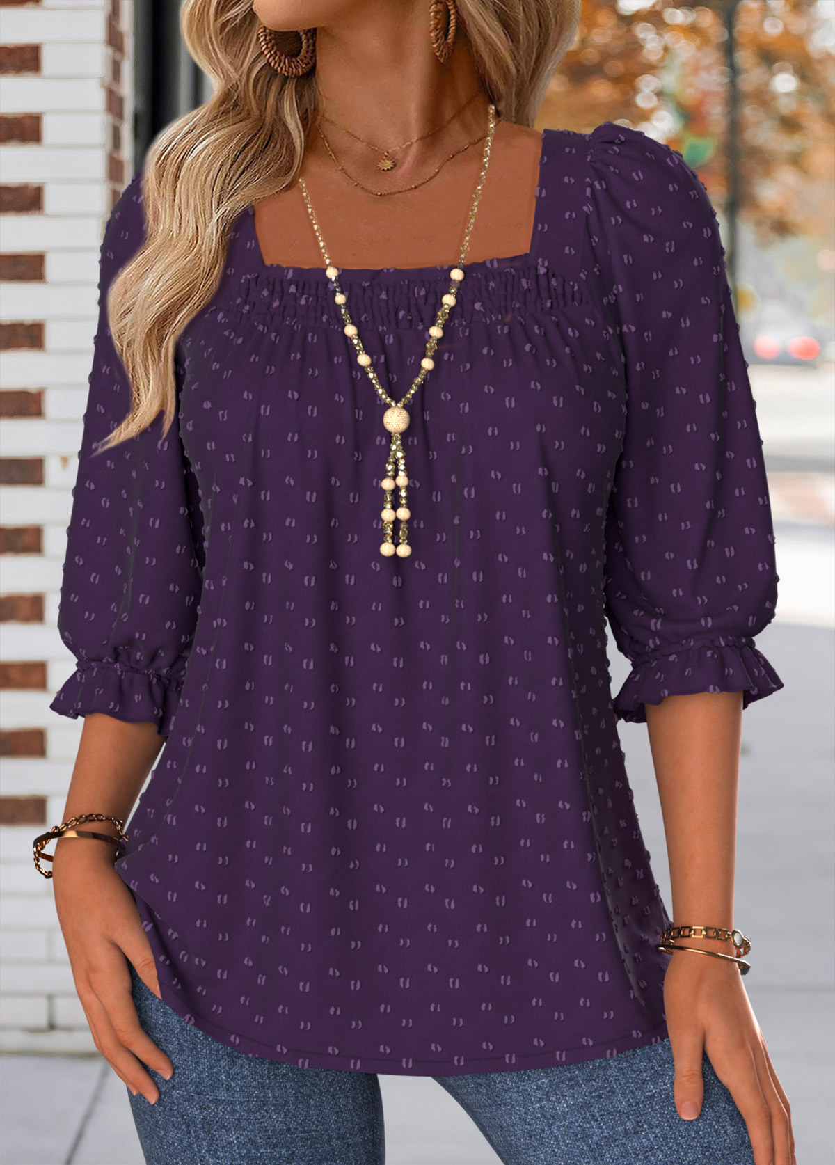 Purple Smocked Half Sleeve Square Neck Blouse | picture 