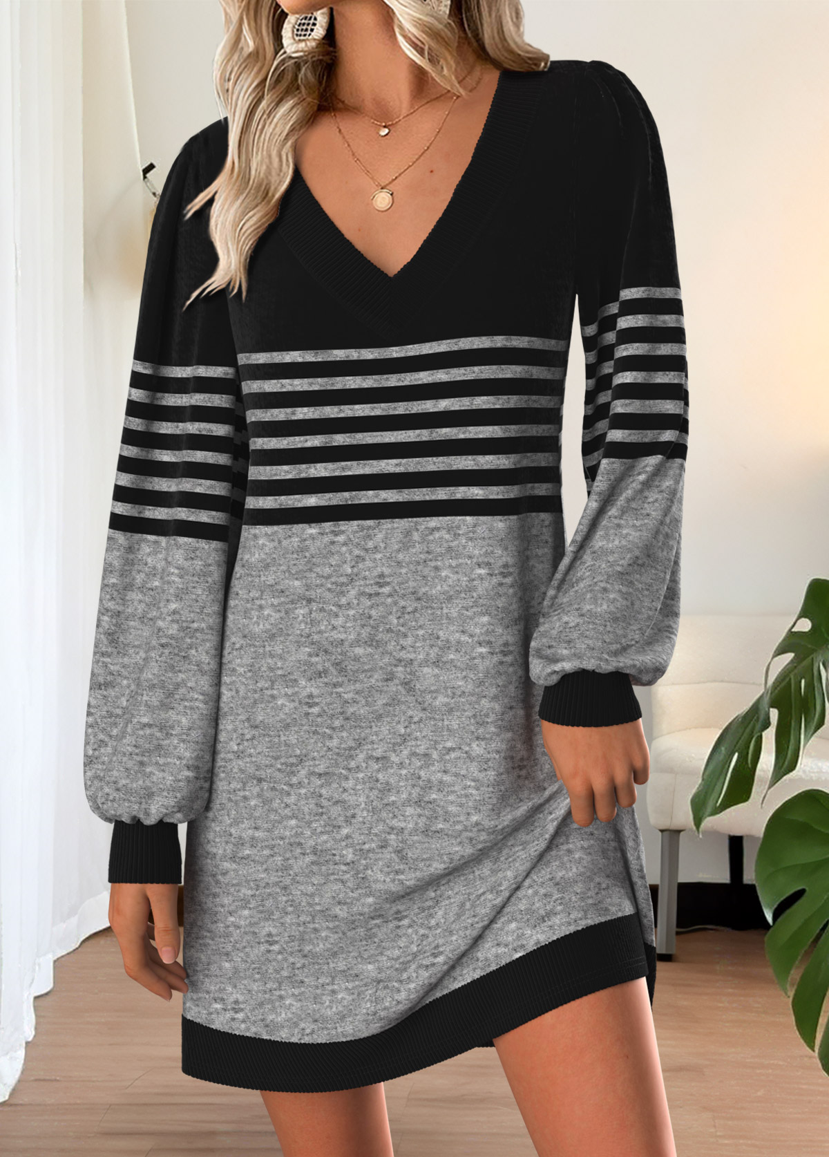 Grey Tummy Coverage Striped Short Long Sleeve Dress | picture 