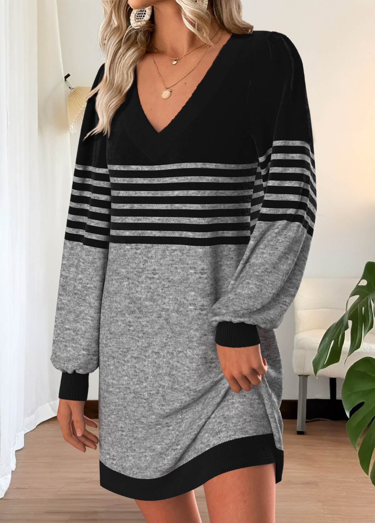 Grey Tummy Coverage Striped Short Long Sleeve Dress | picture 