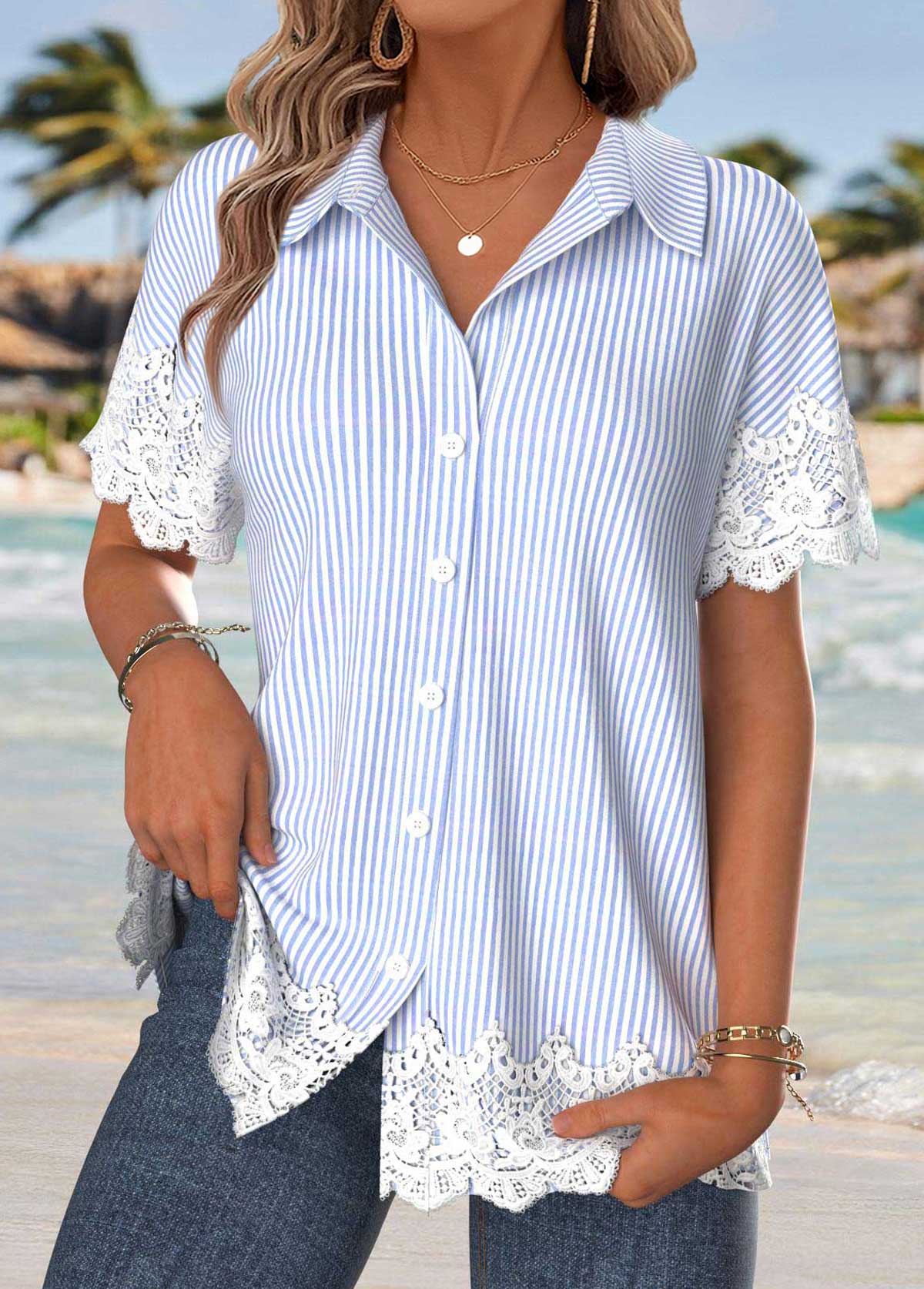 Light Blue Tummy Coverage Striped Short Sleeve Shirt | picture 