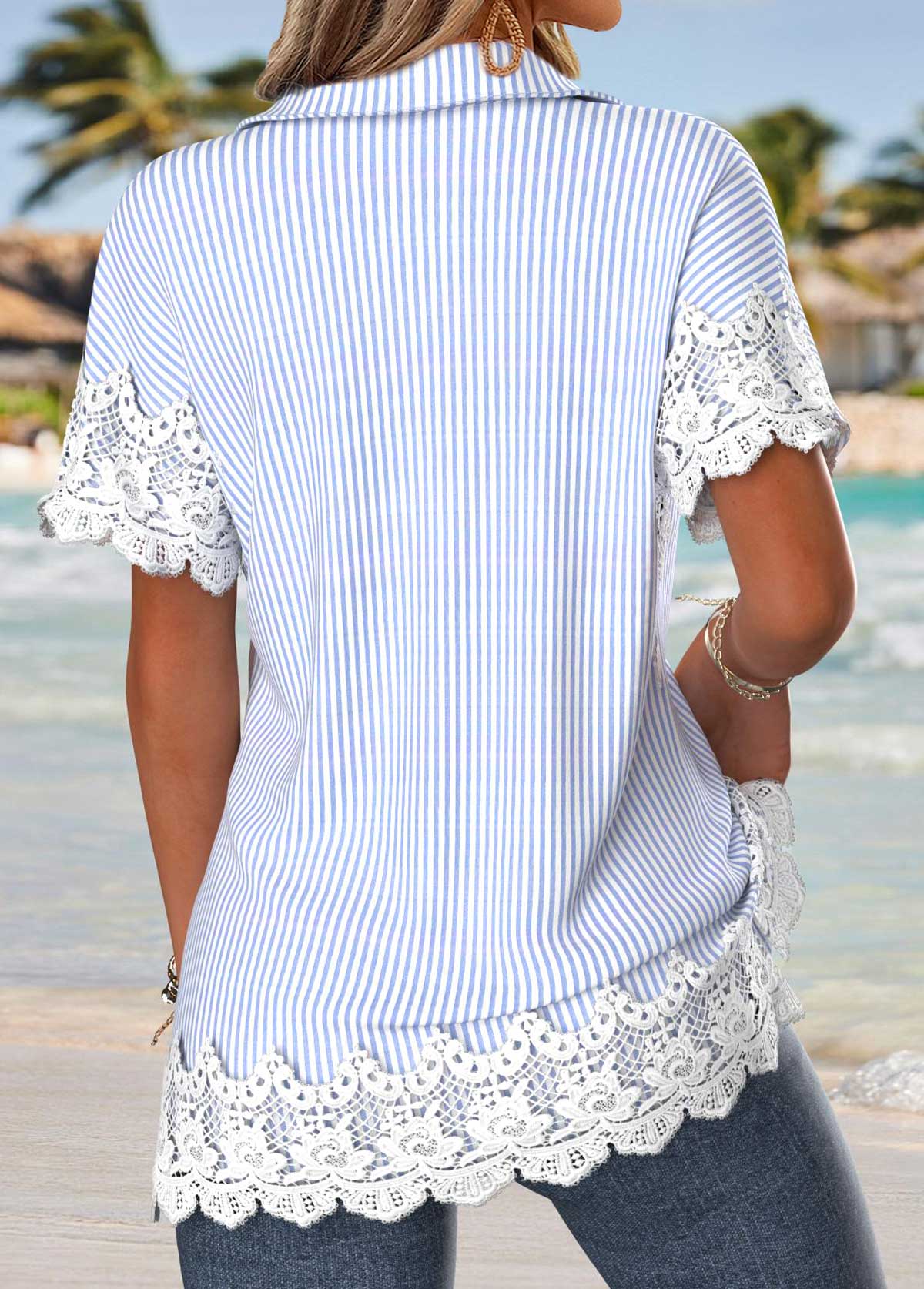 Light Blue Tummy Coverage Striped Short Sleeve Shirt | picture 