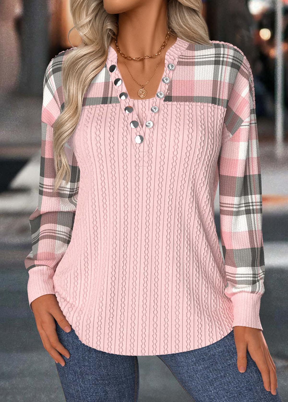 Light Pink Tummy Coverage Plaid Long Sleeve Sweatshirt | picture 