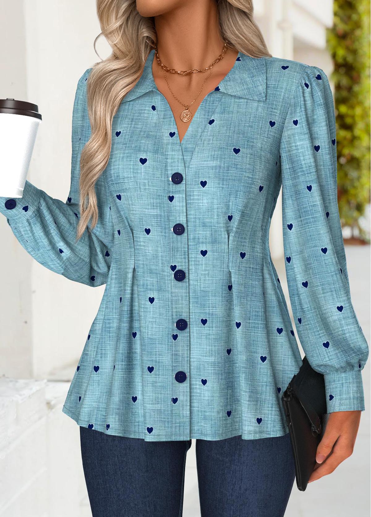 Denim Blue Peplum Denim-effect Print Long Sleeve Shirt | picture 
