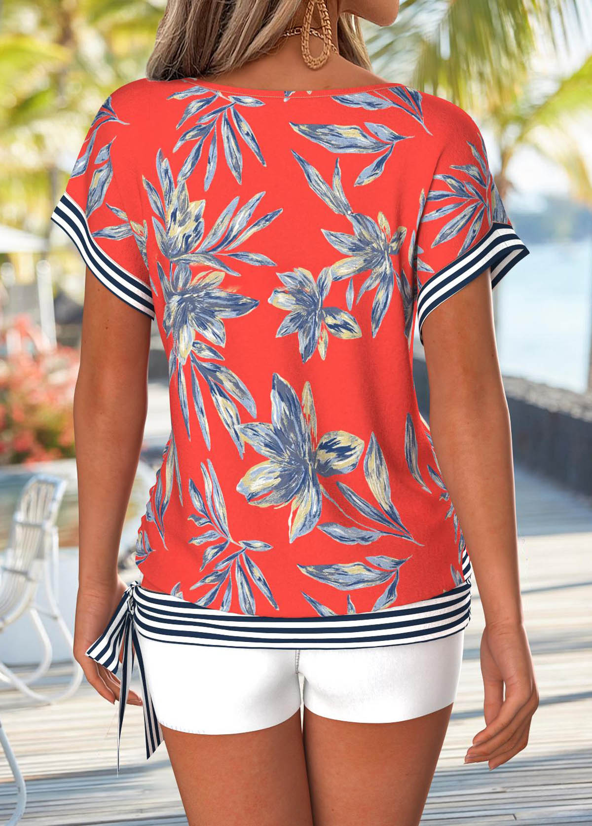 Neon Red Tummy Coverage Floral Print T Shirt | picture 