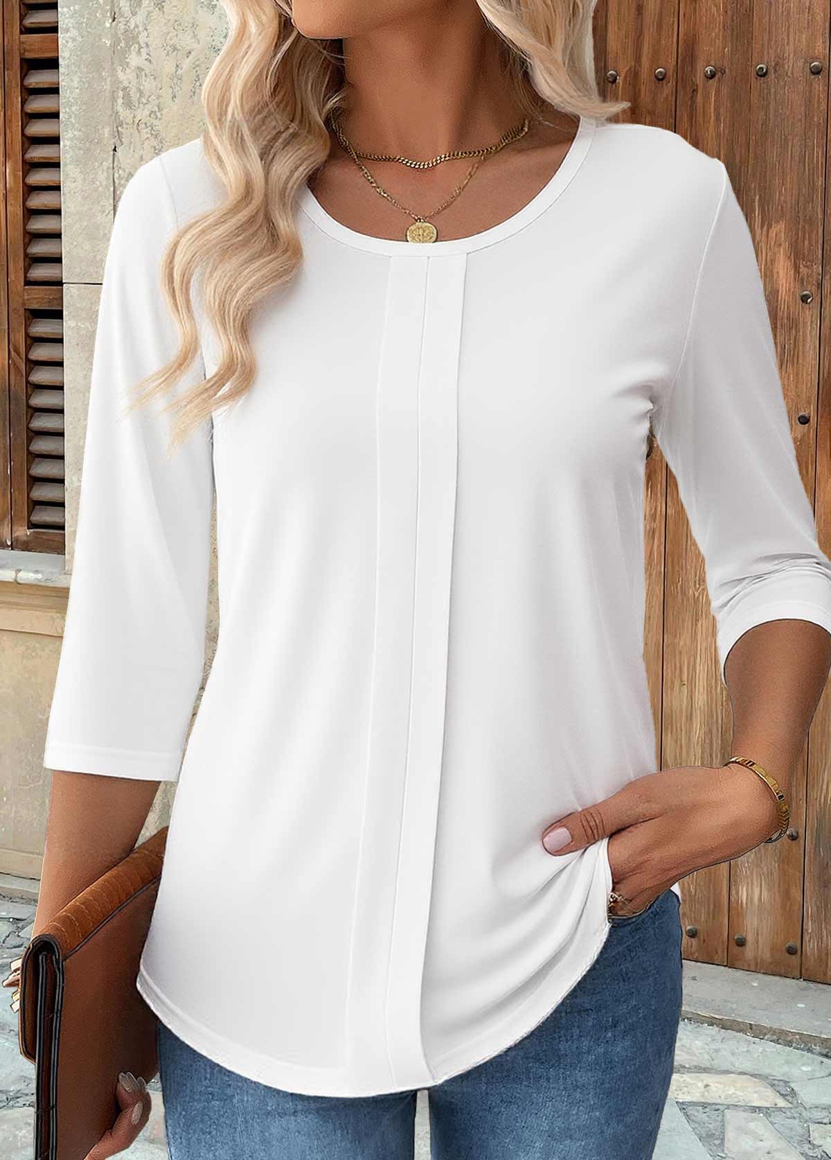 Modlily White Curved Hem 3/4 Sleeve Round Neck T Shirt - M