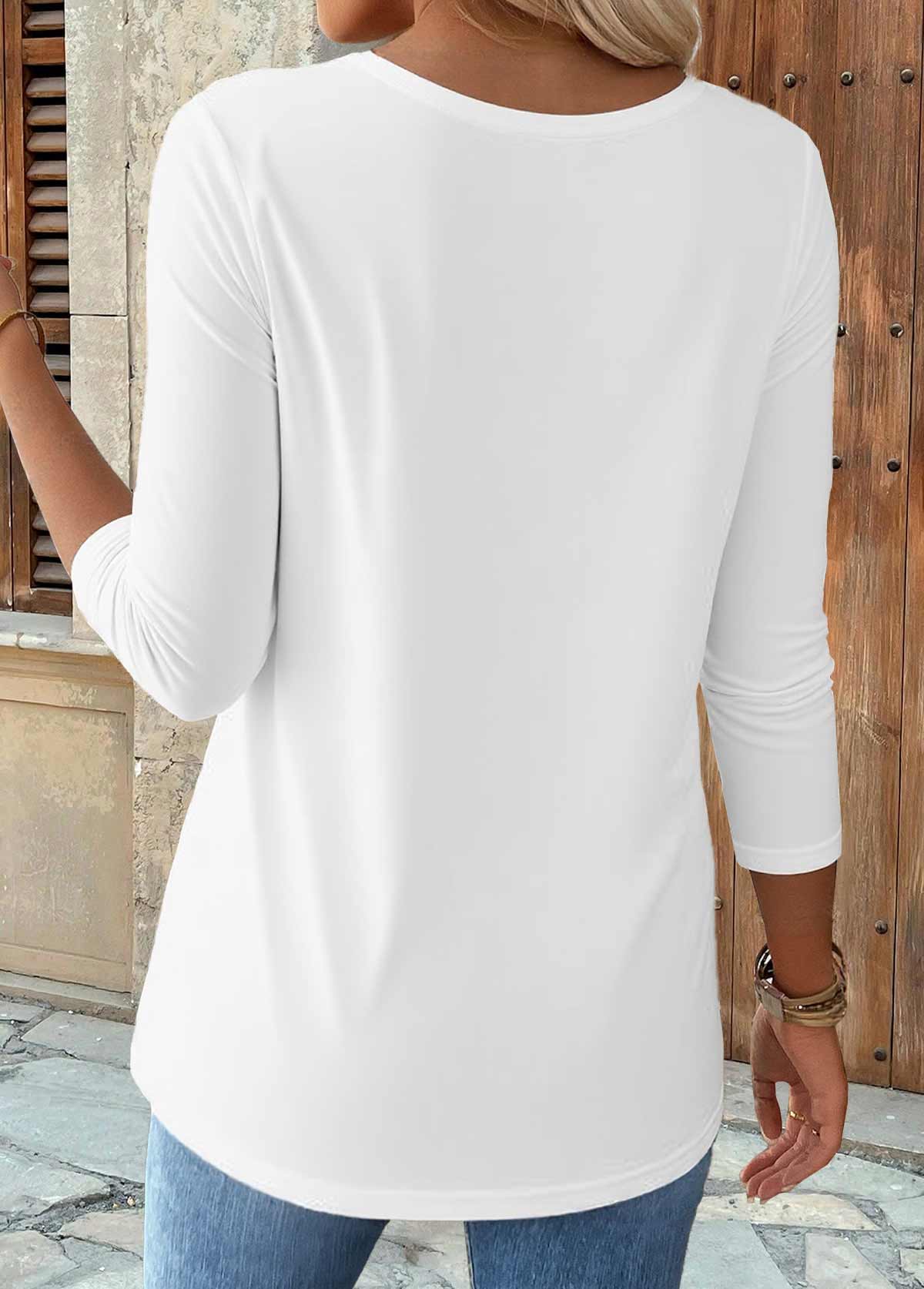 White Curved Hem 3/4 Sleeve Round Neck T Shirt | picture 