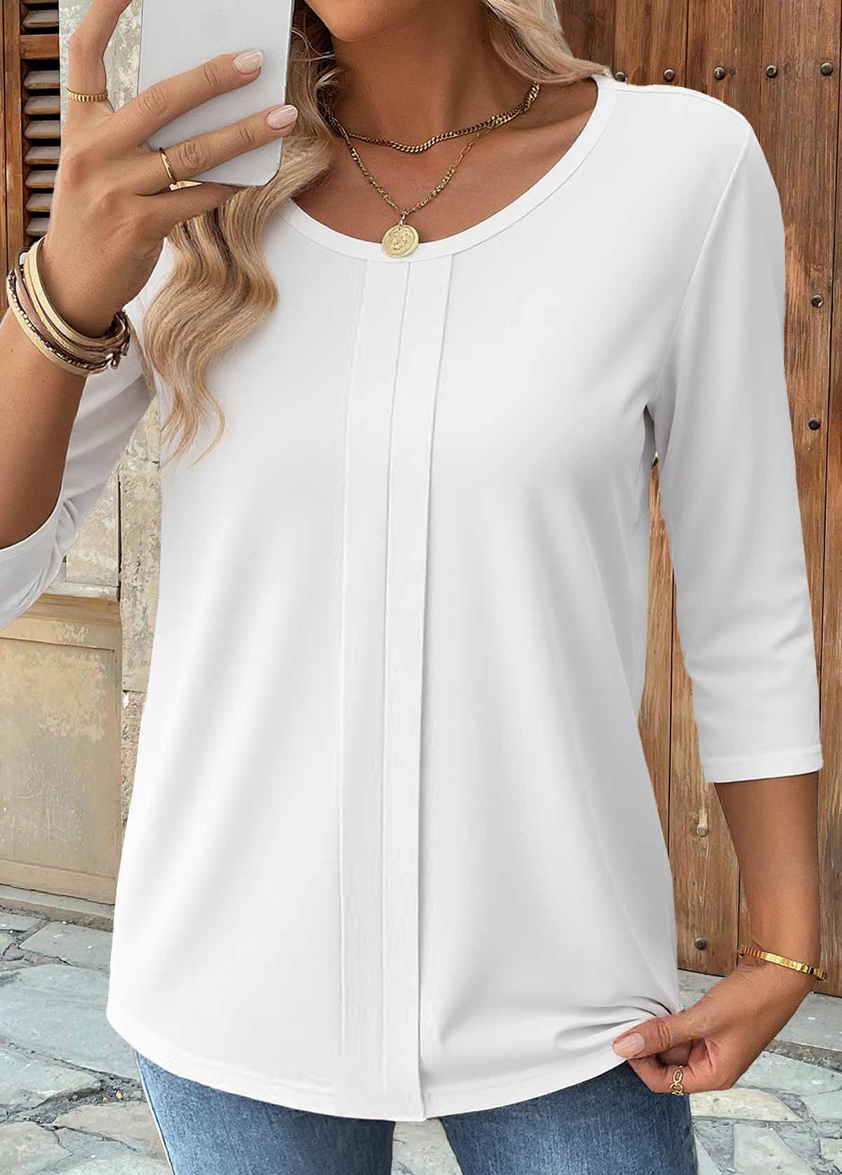 White Curved Hem 3/4 Sleeve Round Neck T Shirt | picture 
