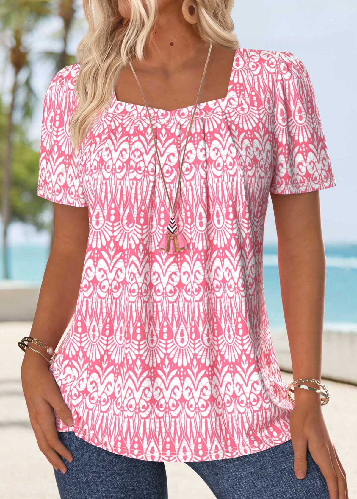 Light Pink Tummy Coverage Geometric Print T Shirt | picture 