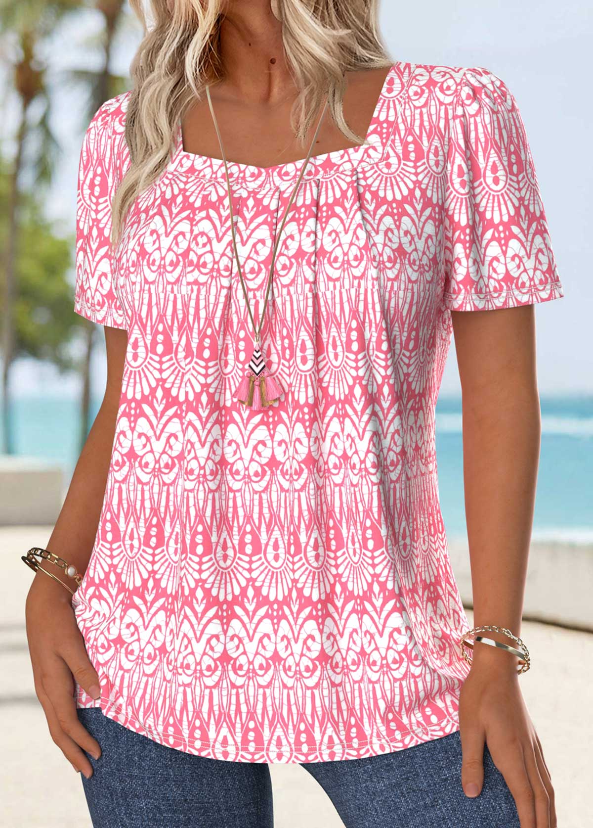 Light Pink Tummy Coverage Geometric Print T Shirt | picture 