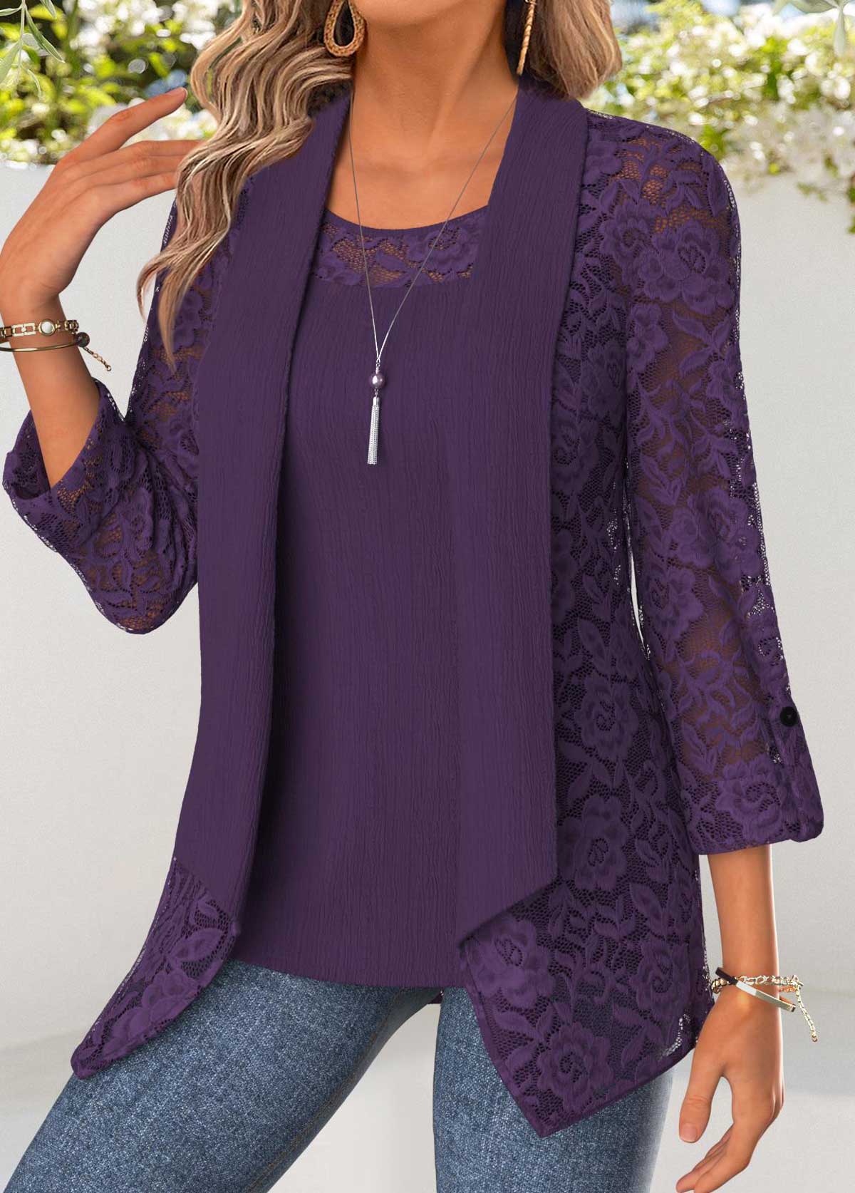 Purple Tummy Coverage 3/4 Sleeve Cardigan and Tank Top | picture 