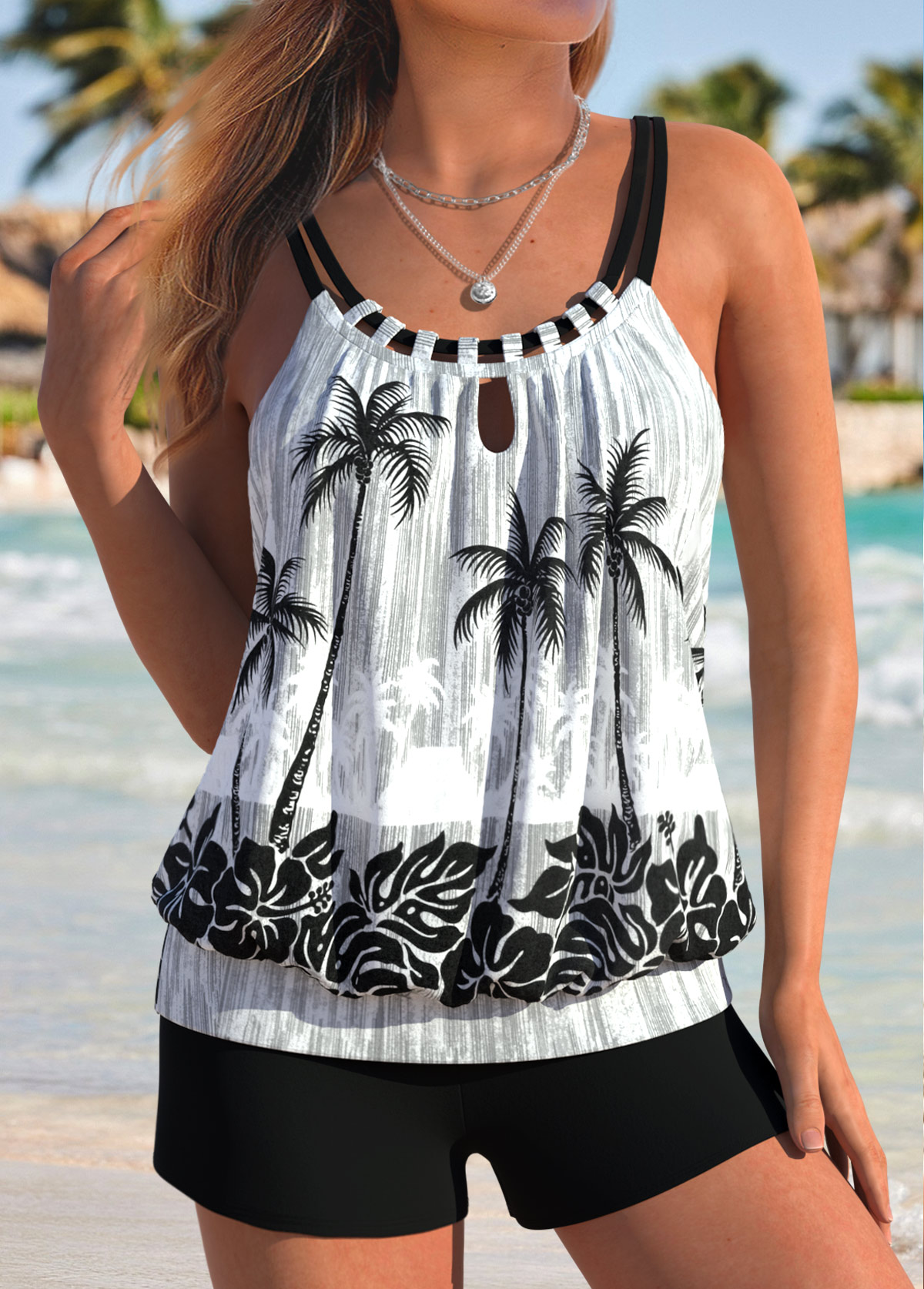 Tummy Coverage Tropical Plants Print Black Tankini Set | picture 