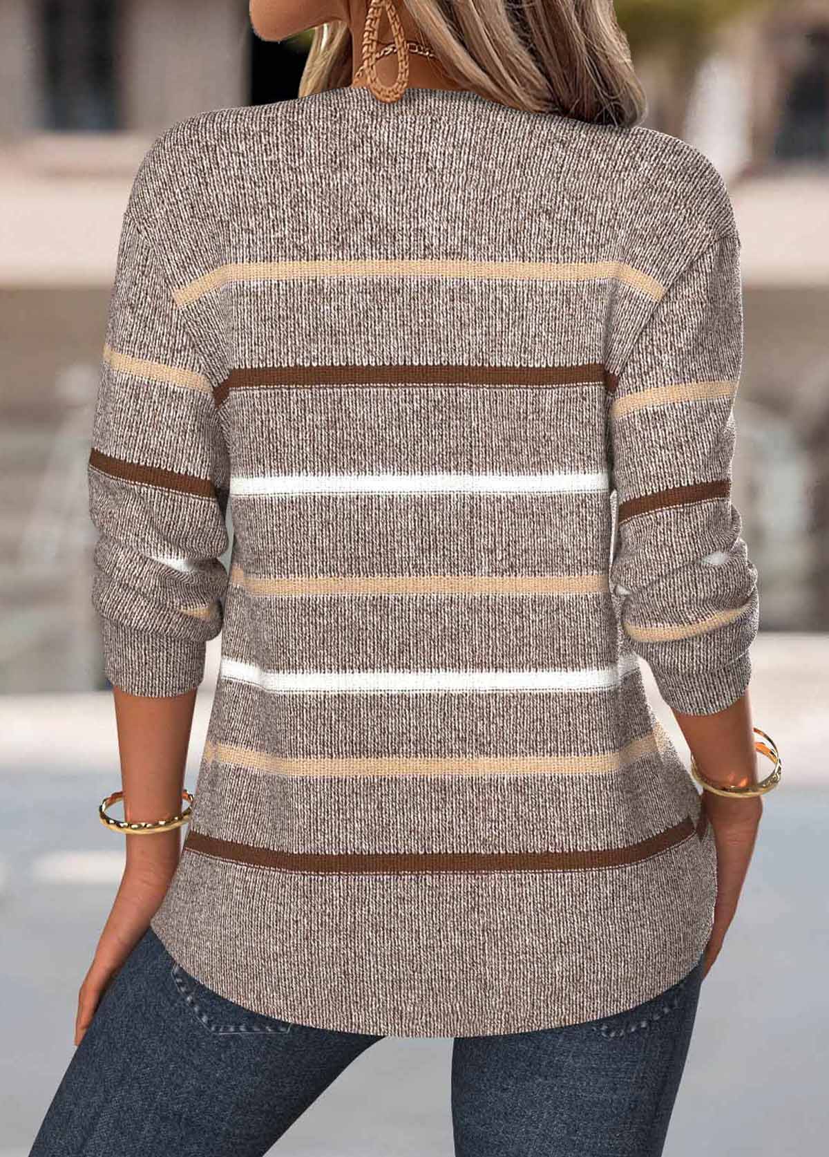 Gray Brown Tummy Coverage Multi Stripe Print Sweatshirt | picture 