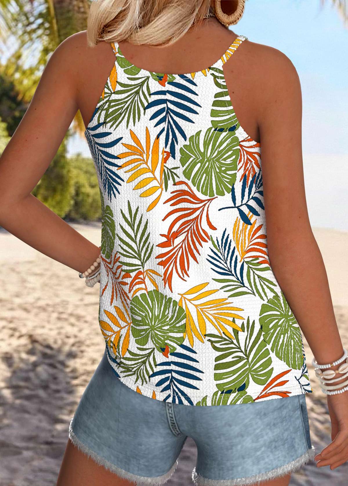 Multi Color Tummy Coverage Tropical Plants Print Camisole Top | picture 