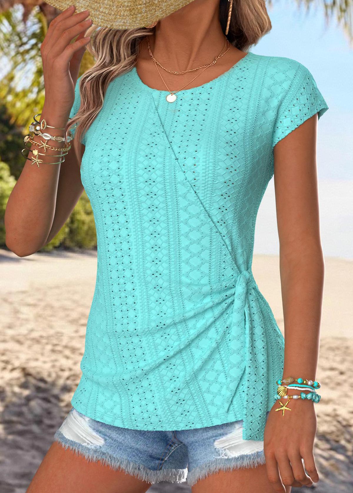 Cyan Tummy Coverage Short Sleeve Round Neck T Shirt | picture 