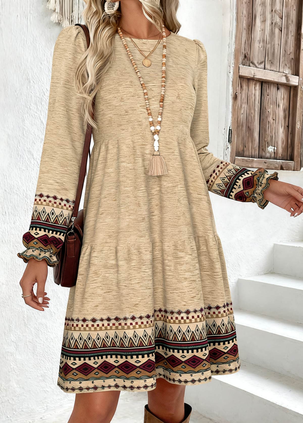 Light Camel Tummy Coverage Tribal Print Long Sleeve Dress | picture 