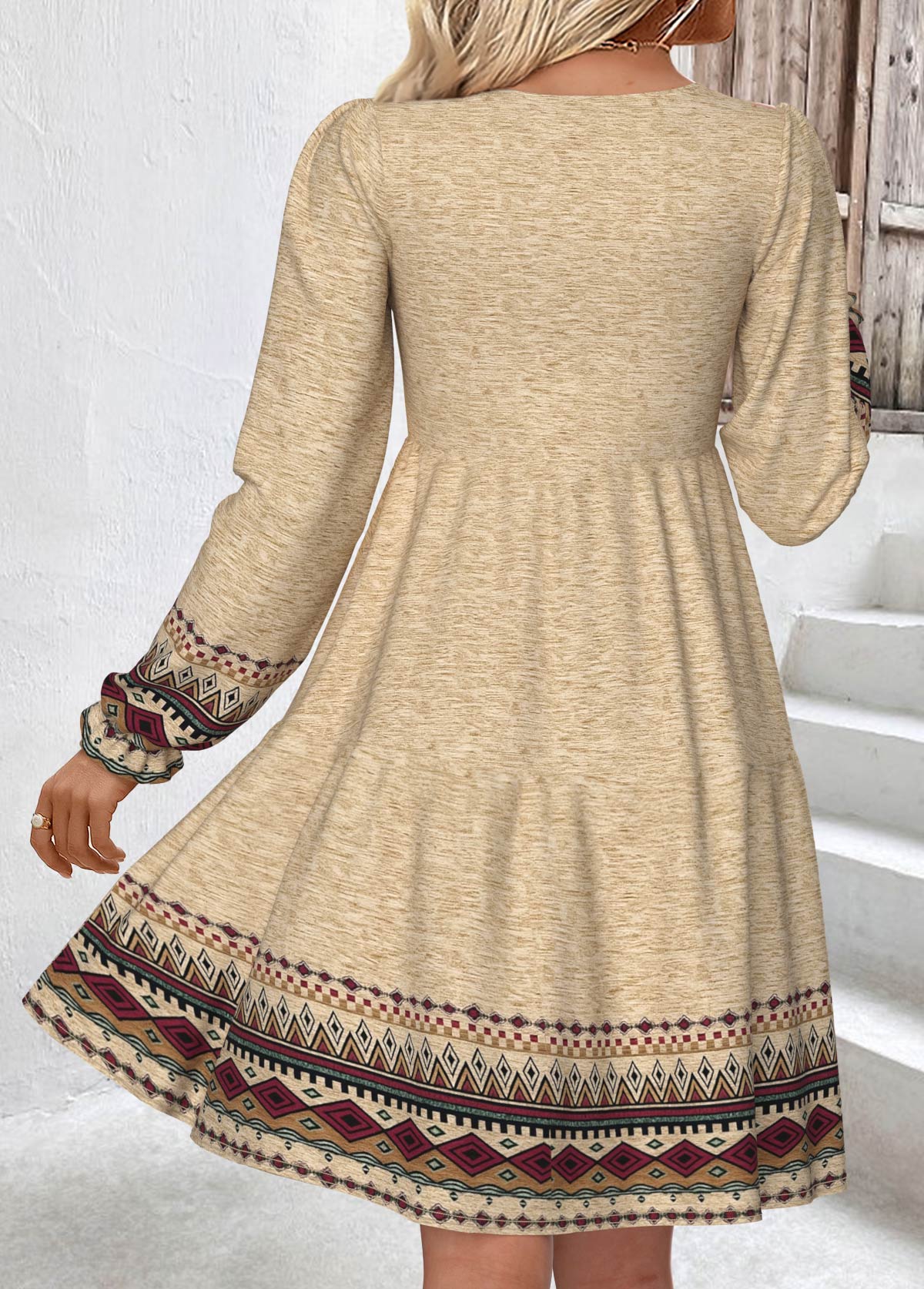 Light Camel Tummy Coverage Tribal Print Long Sleeve Dress | picture 