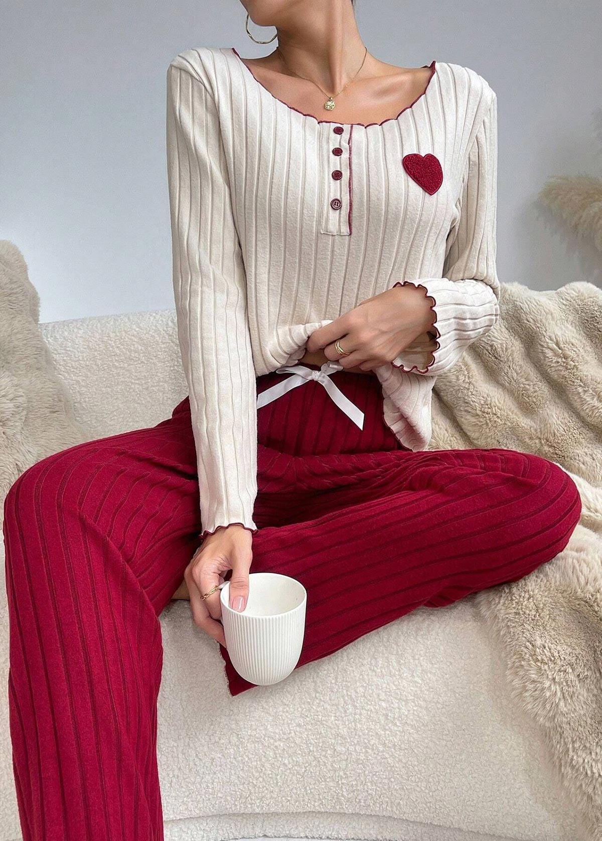 Wine Red Heart Print Lounge Top and Pants | picture 