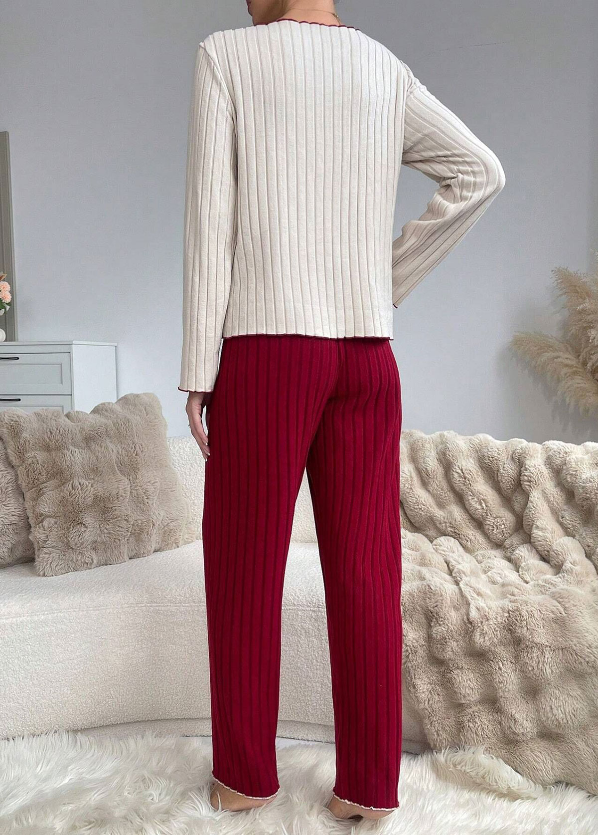 Wine Red Heart Print Lounge Top and Pants | picture 