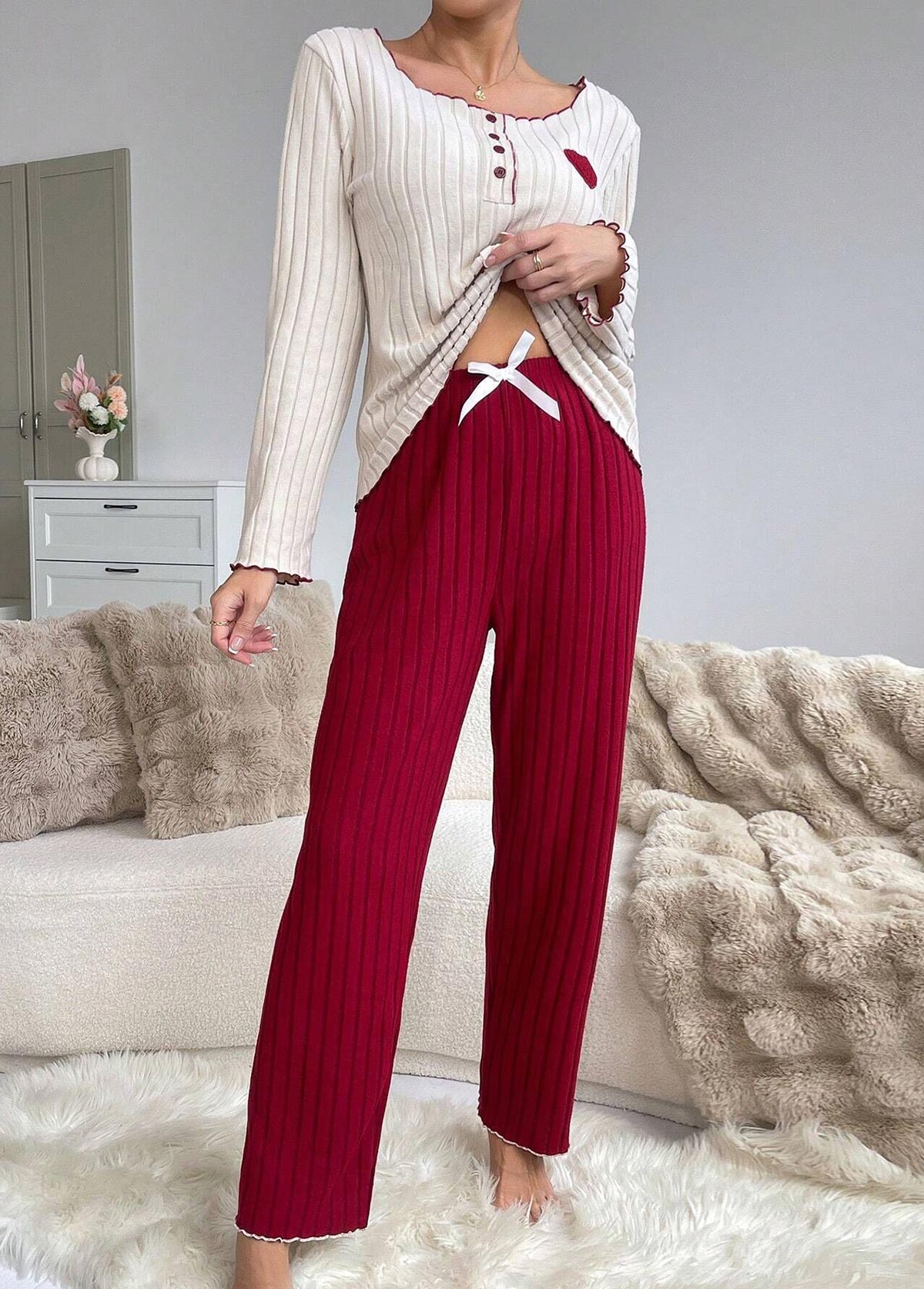 Wine Red Heart Print Lounge Top and Pants | picture 