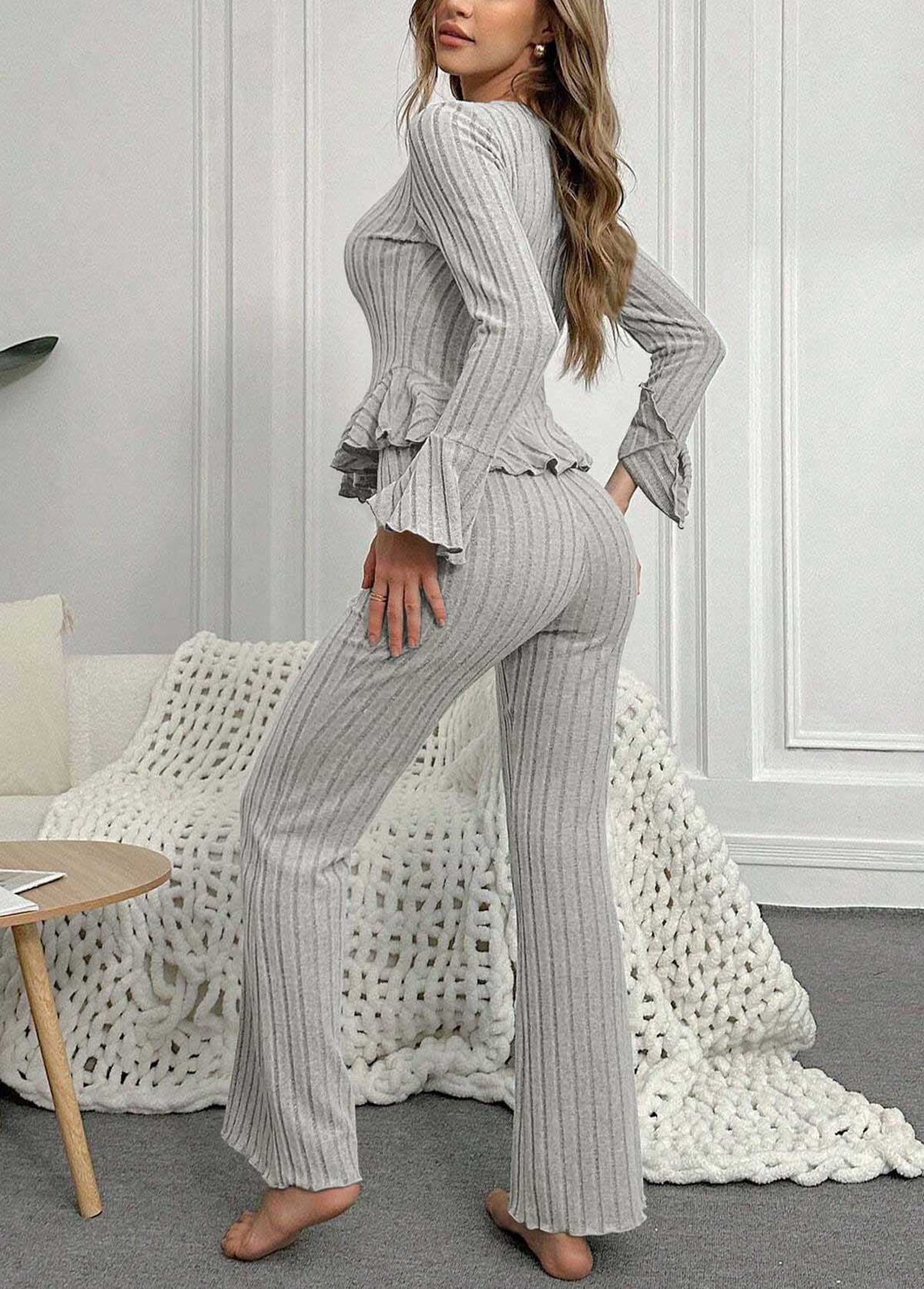 Grey Long Sleeve V Neck Lounge Top and Pants | picture 