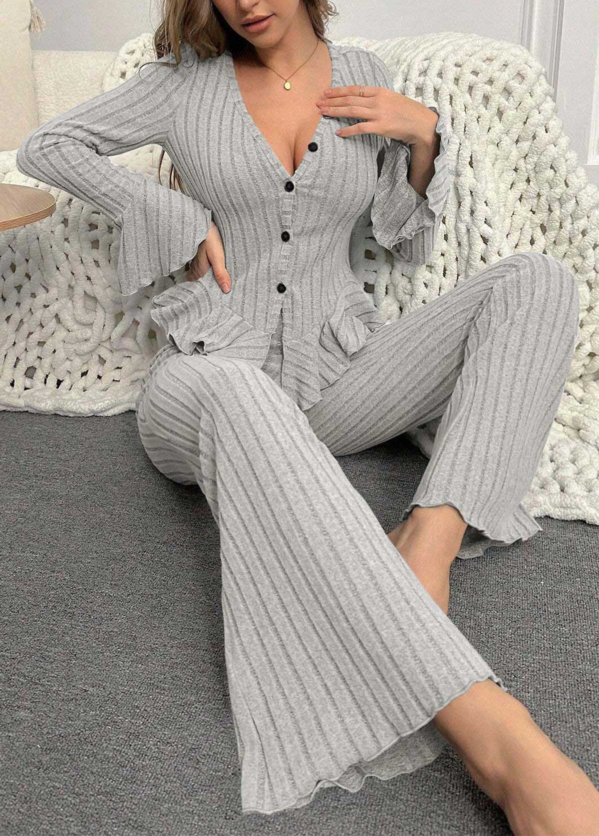 Grey Long Sleeve V Neck Lounge Top and Pants | picture 