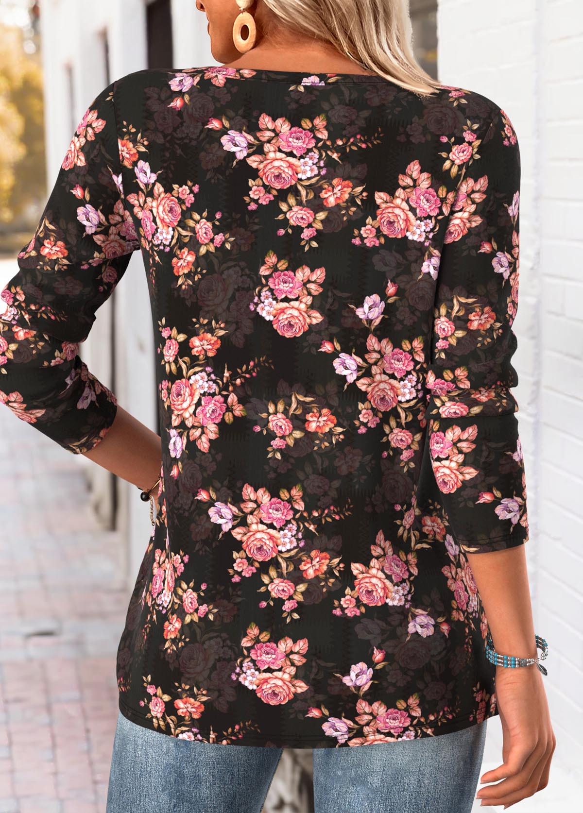 Black Tummy Coverage Floral Print Long Sleeve T Shirt | picture 
