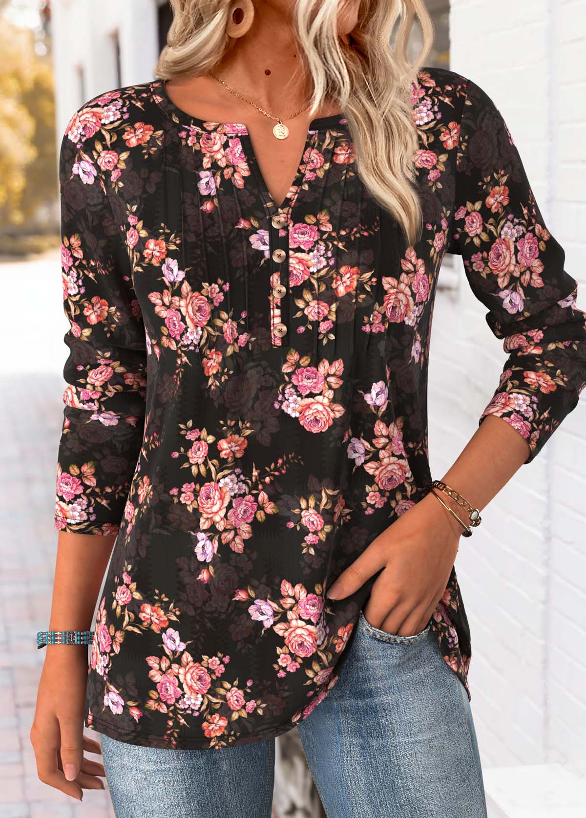 Black Tummy Coverage Floral Print Long Sleeve T Shirt | picture 