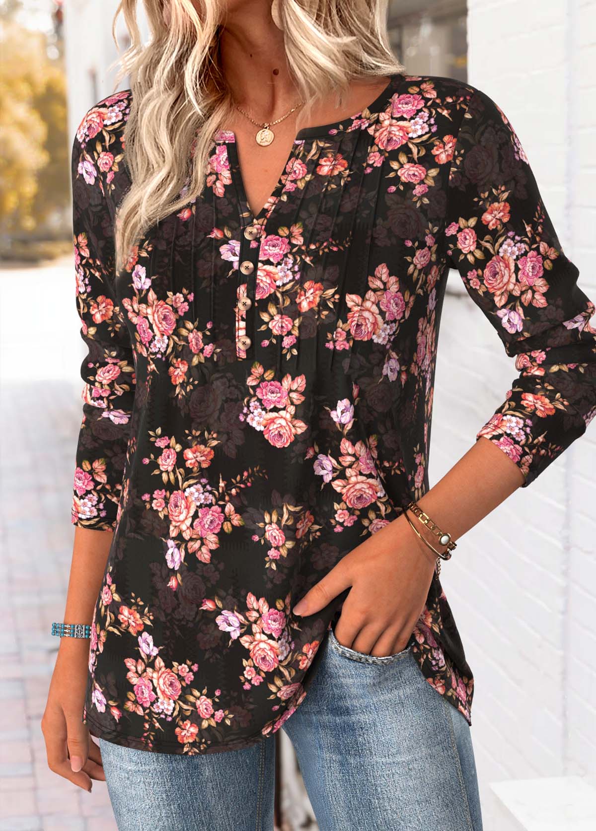 Black Tummy Coverage Floral Print Long Sleeve T Shirt | picture 