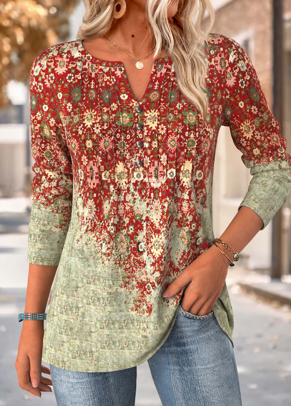 Multi Color Tummy Coverage Tribal Print T Shirt | picture 