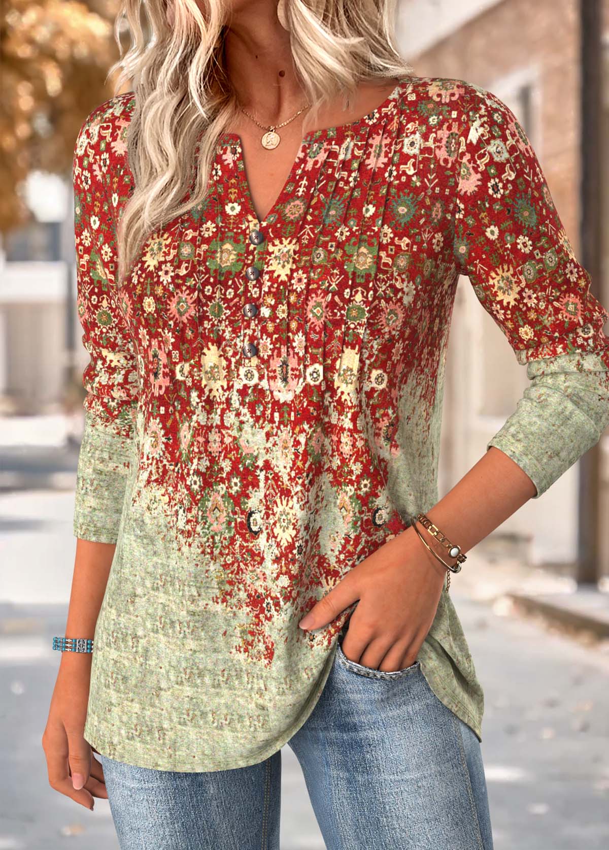 Multi Color Tummy Coverage Tribal Print T Shirt | picture 