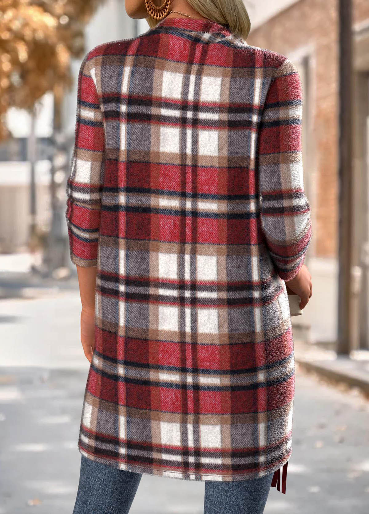 Red Tummy Coverage Plaid Long Sleeve Draped Neck Coat | picture 