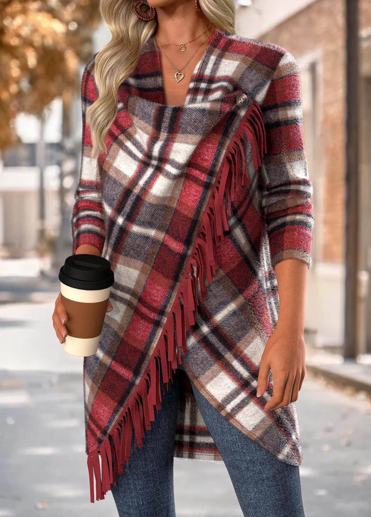 Red Tummy Coverage Plaid Long Sleeve Draped Neck Coat | picture 