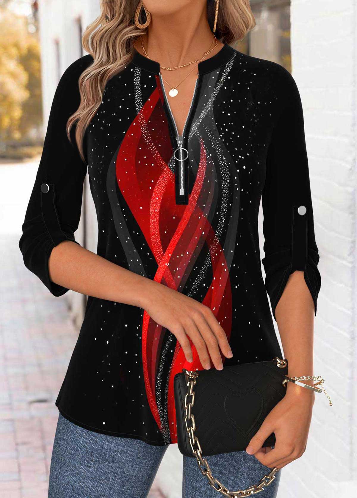 Black Tummy Coverage Ombre 3/4 Sleeve Split Neck Blouse | picture 