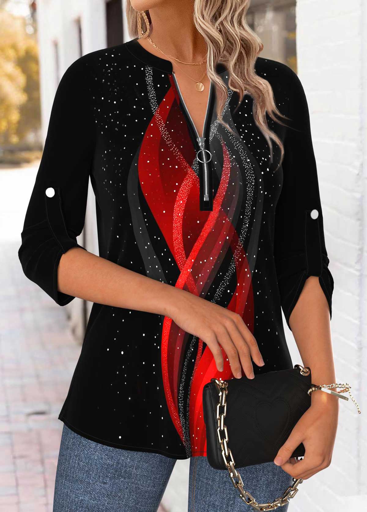 Black Tummy Coverage Ombre 3/4 Sleeve Split Neck Blouse | picture 