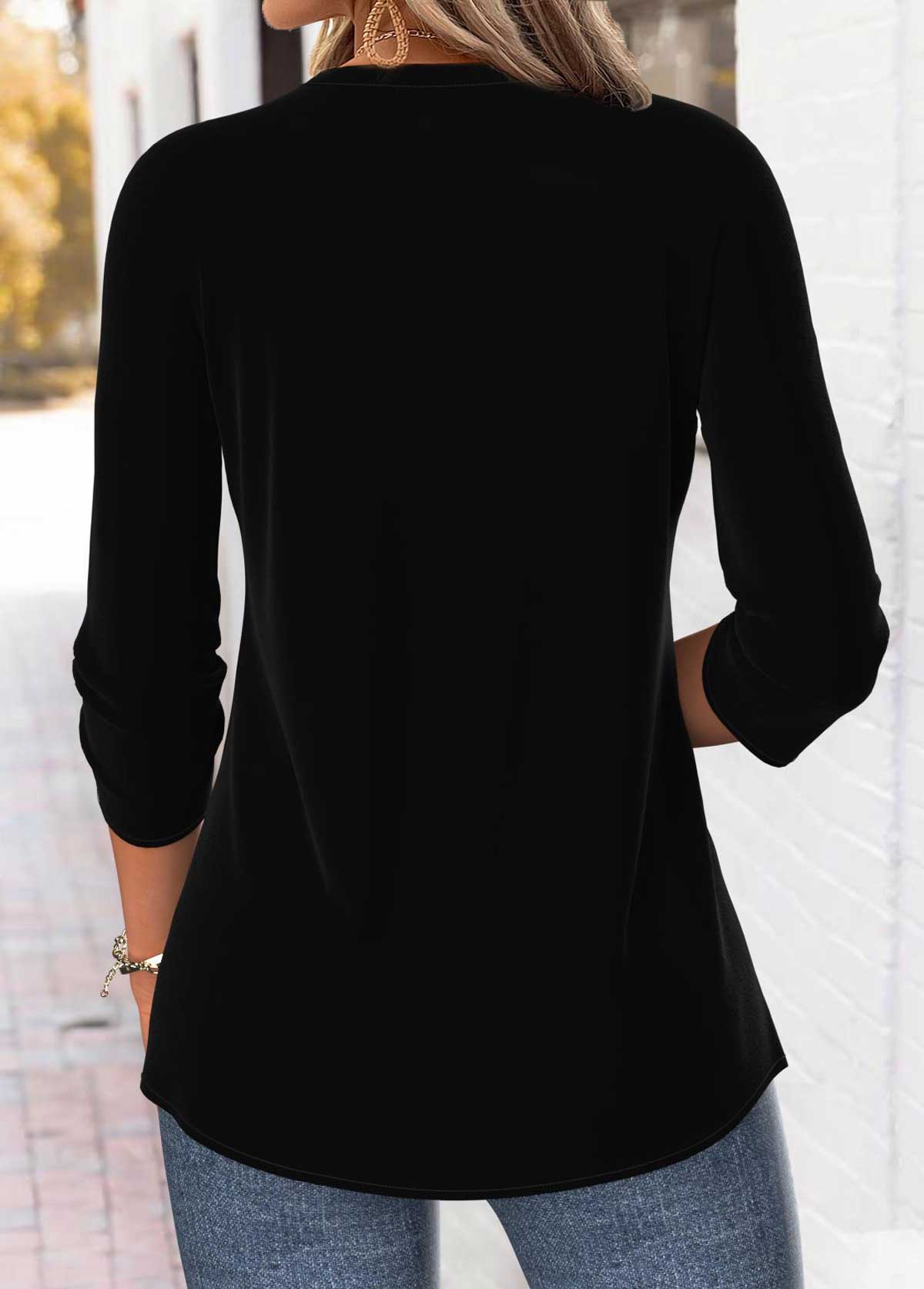 Black Tummy Coverage Ombre 3/4 Sleeve Split Neck Blouse | picture 