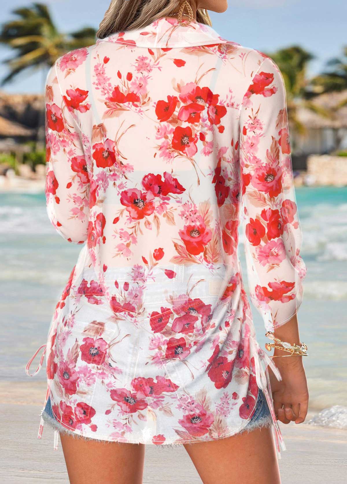 Red Tummy Coverage Floral Print 3/4 Sleeve Shirt | picture 