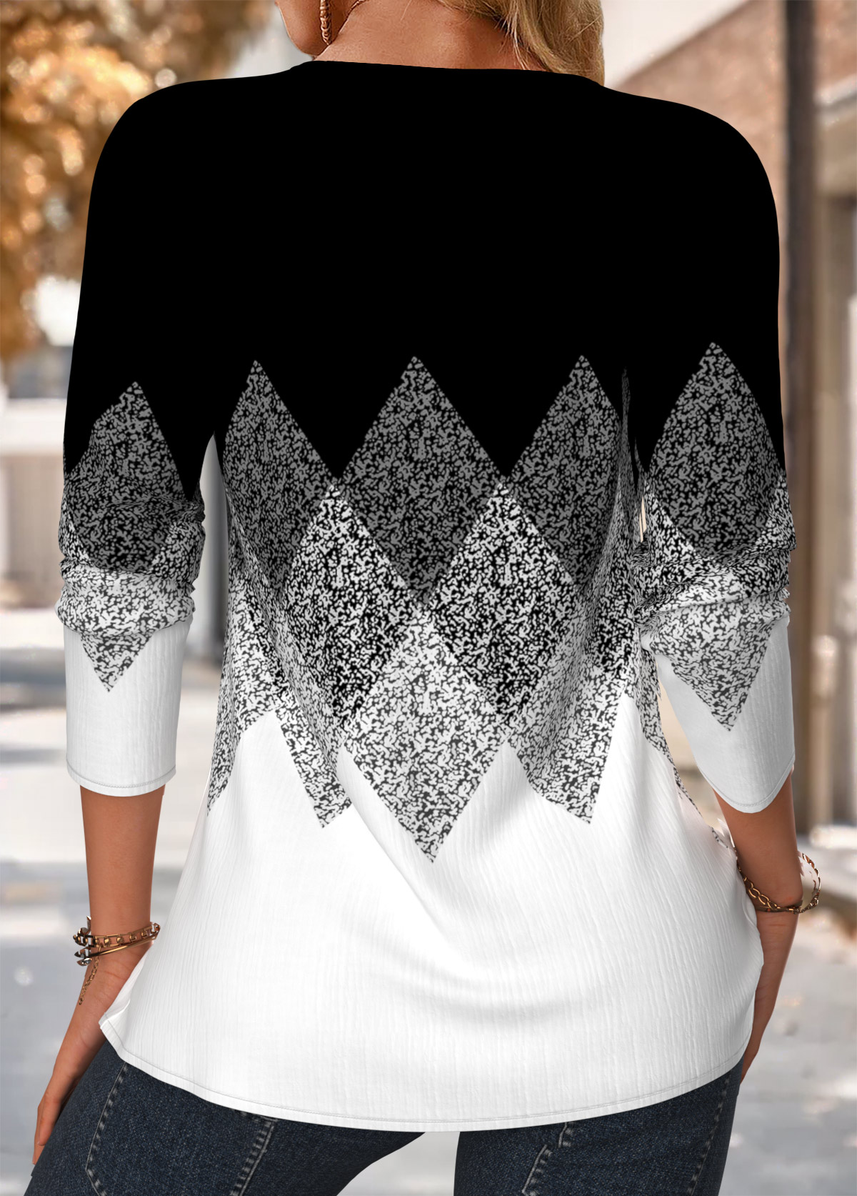 Black Tuck Stitch Geometric Print Long Sleeve Blouse | picture 