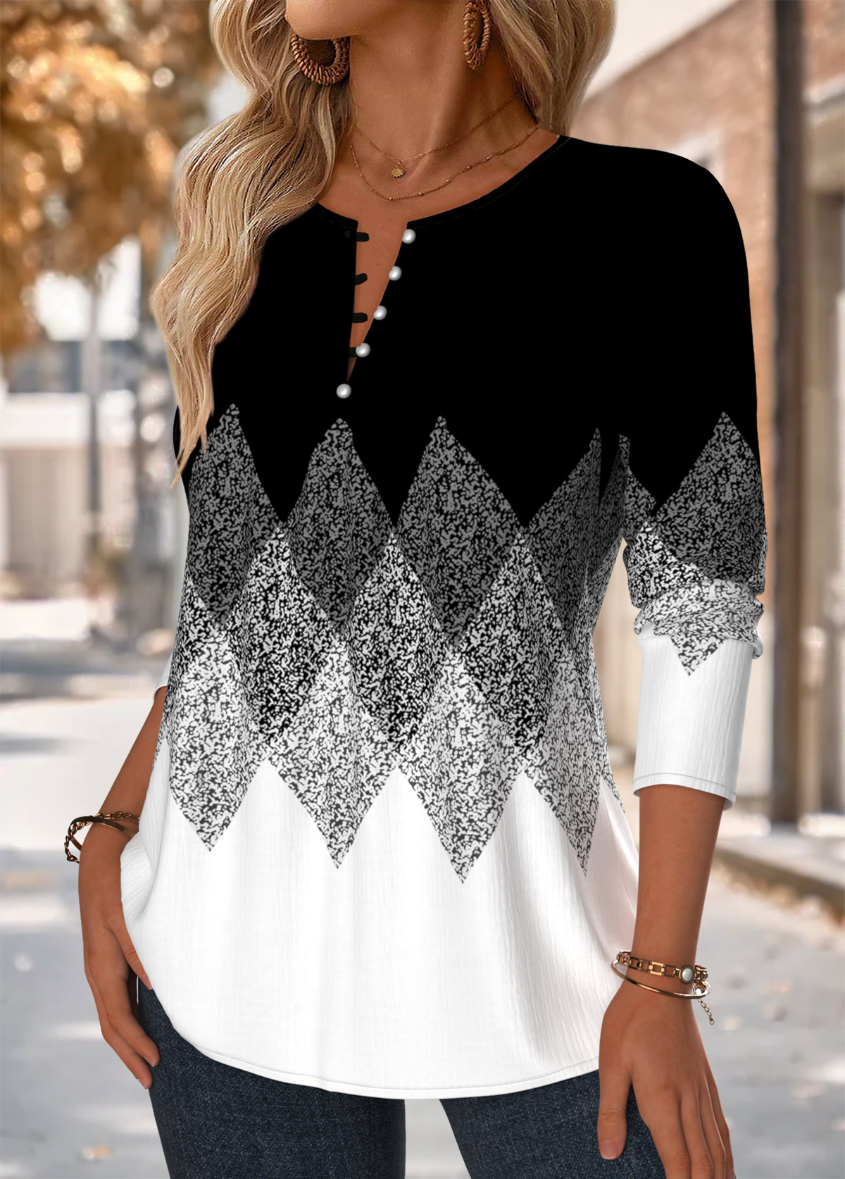 Black Tuck Stitch Geometric Print Long Sleeve Blouse | picture 