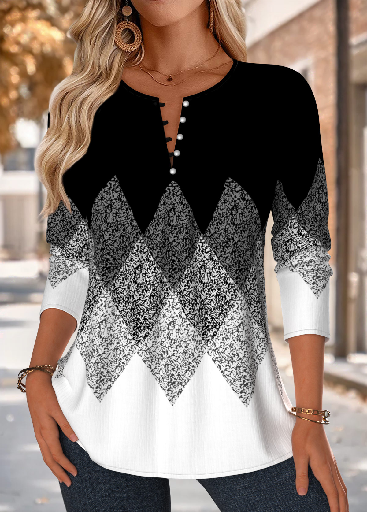 Black Tuck Stitch Geometric Print Long Sleeve Blouse | picture 
