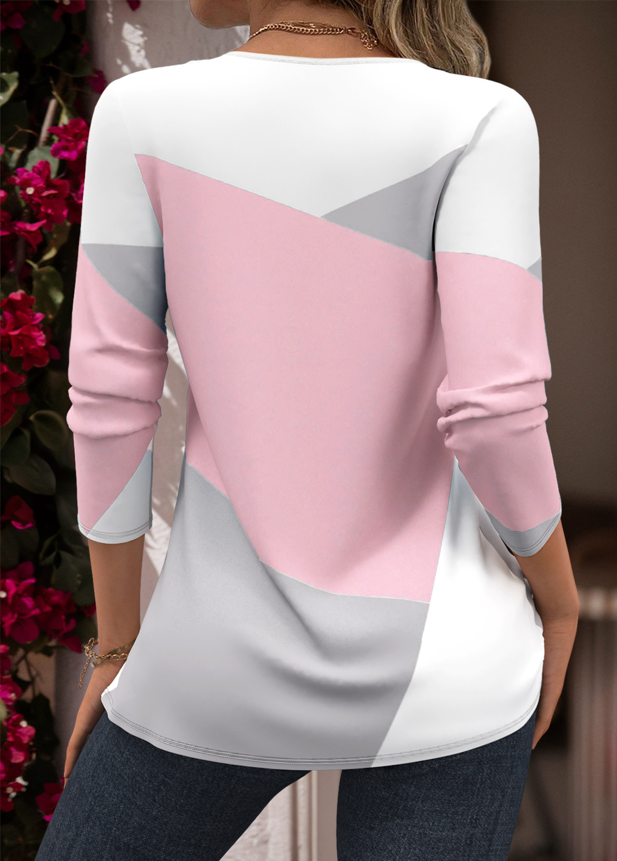 Blue Tuck Stitch Geometric Print Long Sleeve Blouse | picture 